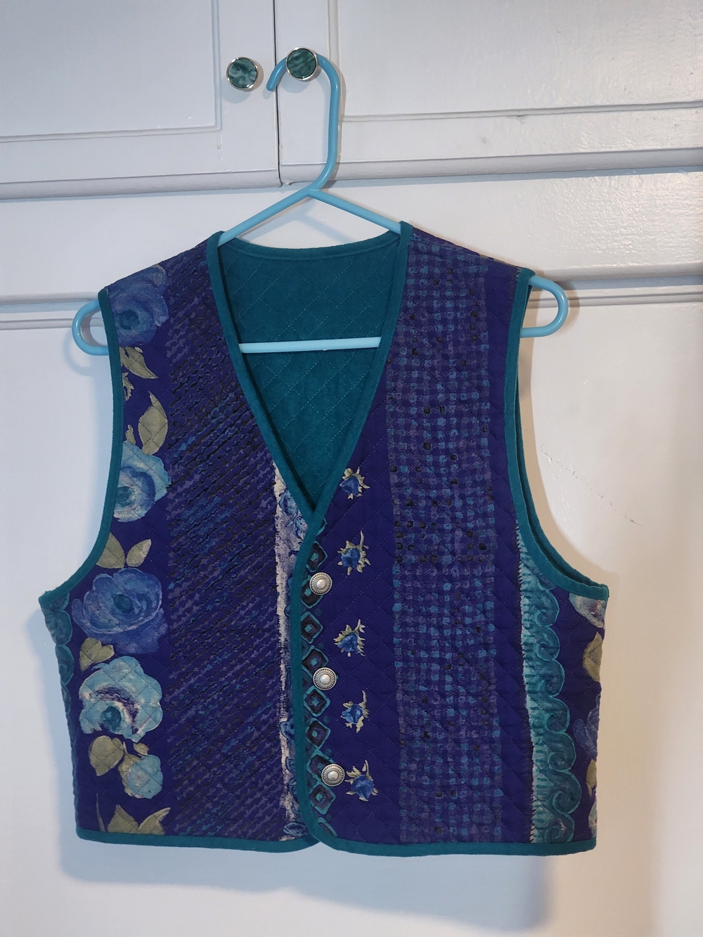 Quilted Reversible Floral Patchwork Vest in Deep Teal and Purple
